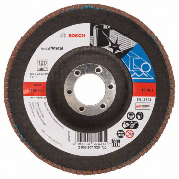 Bosch Fächerschleifscheibe X571, Best for Metal, gewinkelt, 125 mm, 22,23 mm,120, Glas, 10 Stück